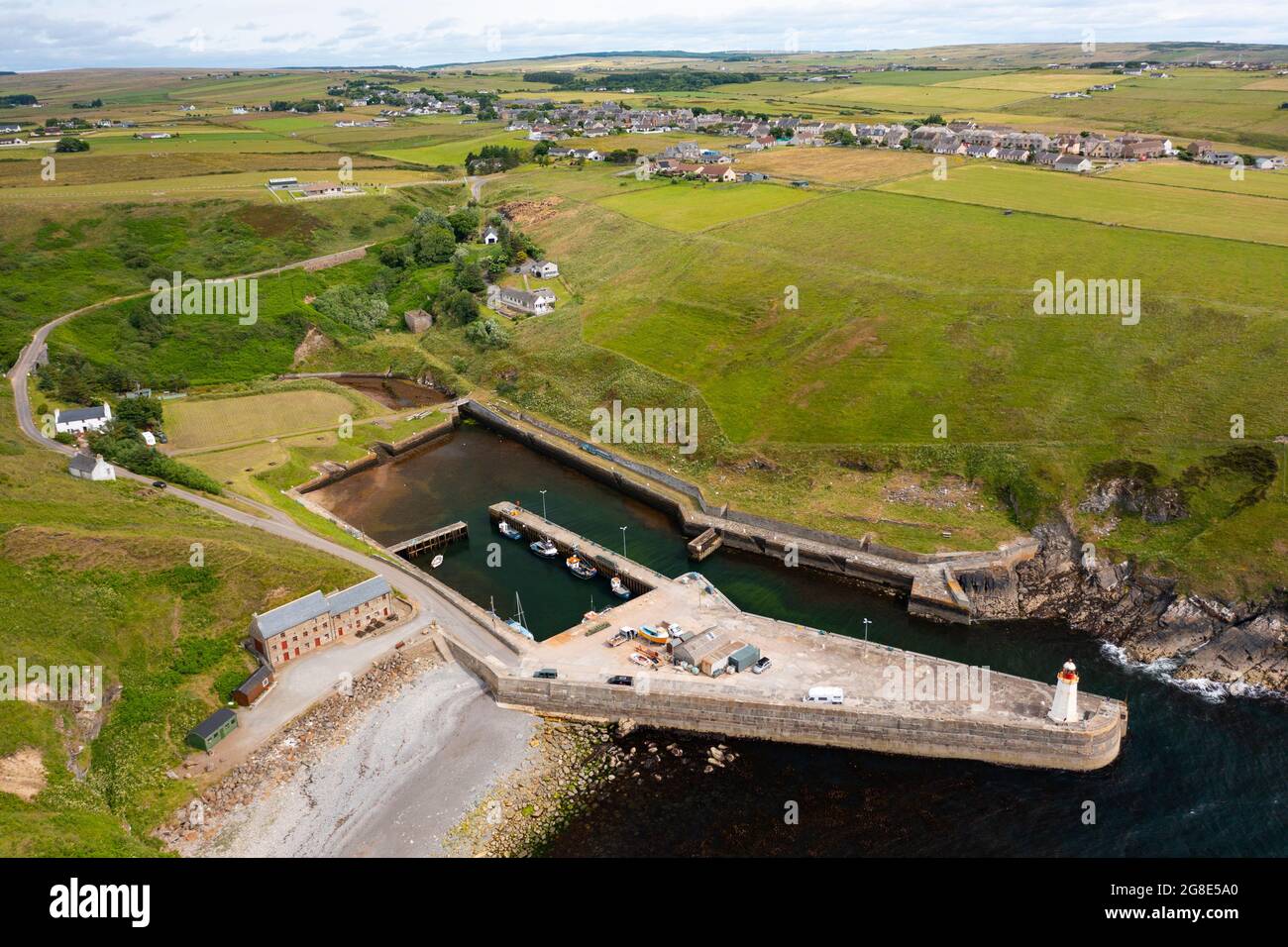 Aerial view from drone of harbour at Lybster on coast of Caithness, Scotland, UK Stock Photo