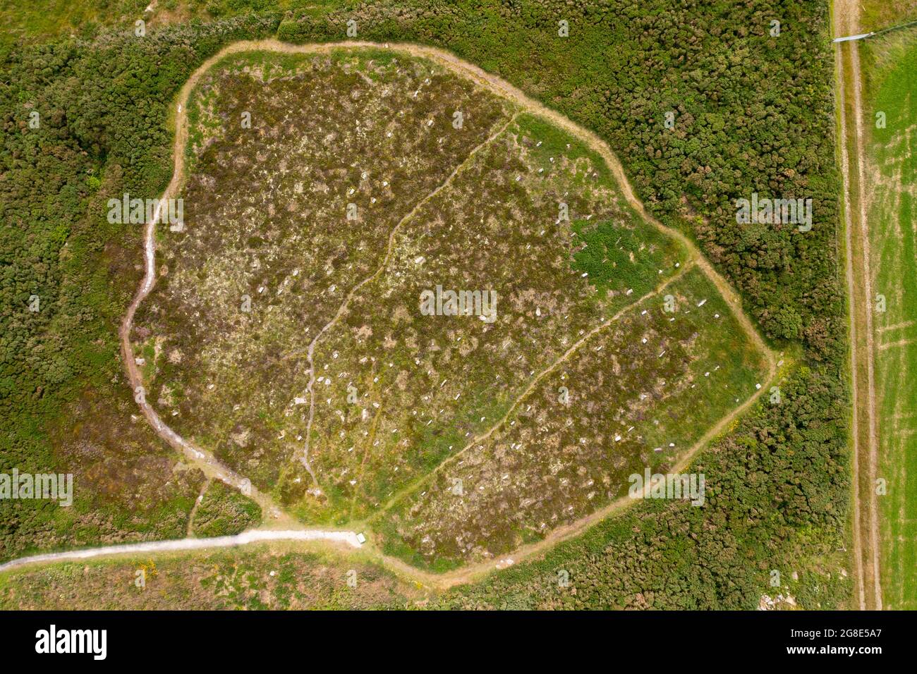 Aerial view from drone  of the Hill 'O Many Stanes archaeological site in Mid Clyth, Wick, Caithness, Scotland, UK Stock Photo