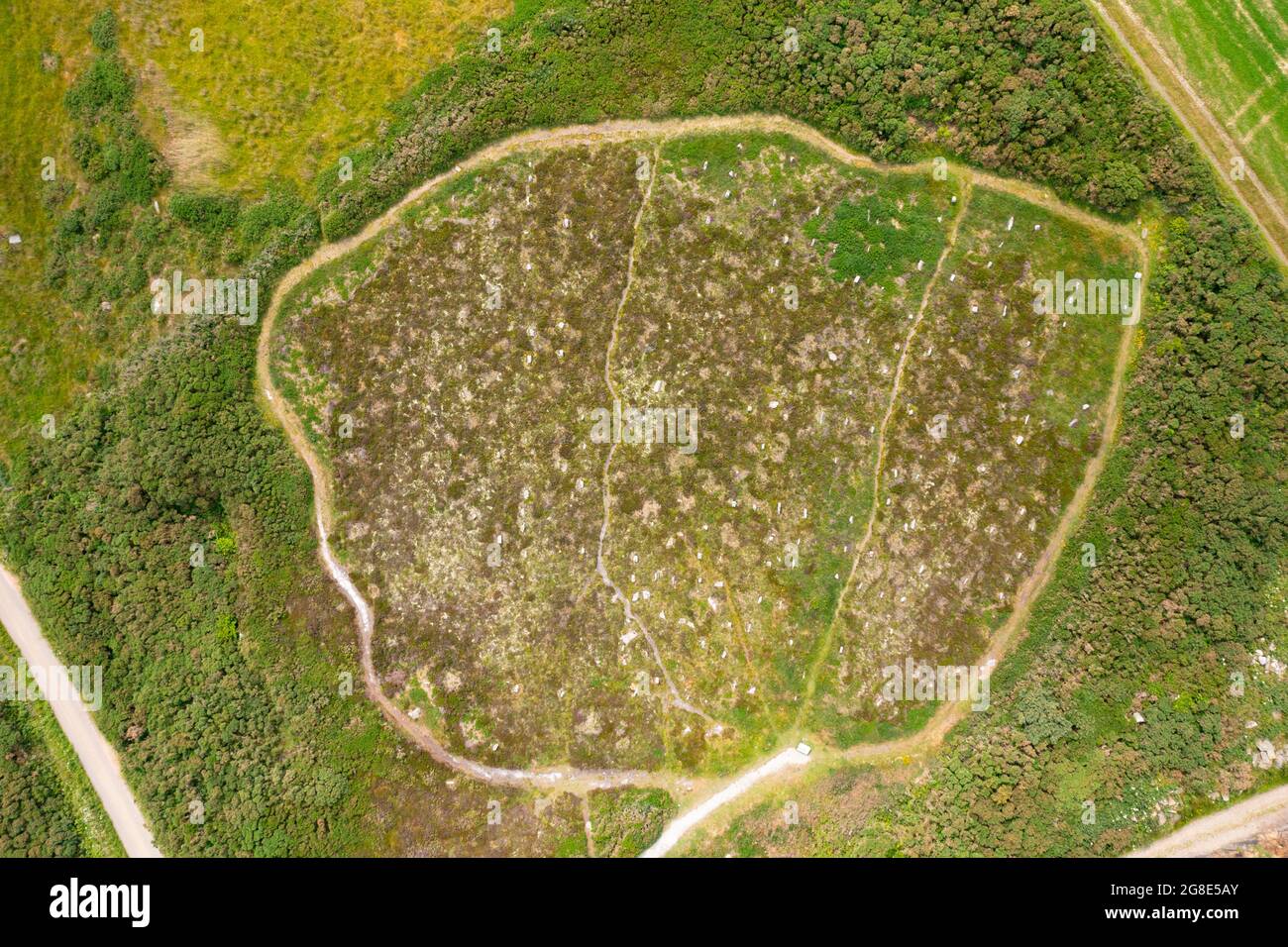 Aerial view from drone  of the Hill 'O Many Stanes archaeological site in Mid Clyth, Wick, Caithness, Scotland, UK Stock Photo