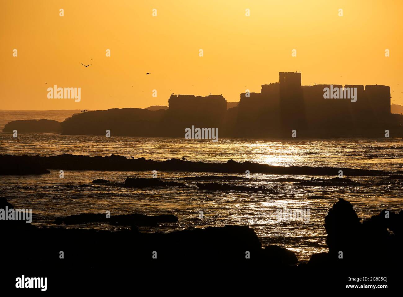 View of the ruins of the fortress at sunset, Mogador Island backlit, Iles Purpuraires, Essaouira, Atlantic coast, Marrakech-Safi, Morocco Stock Photo