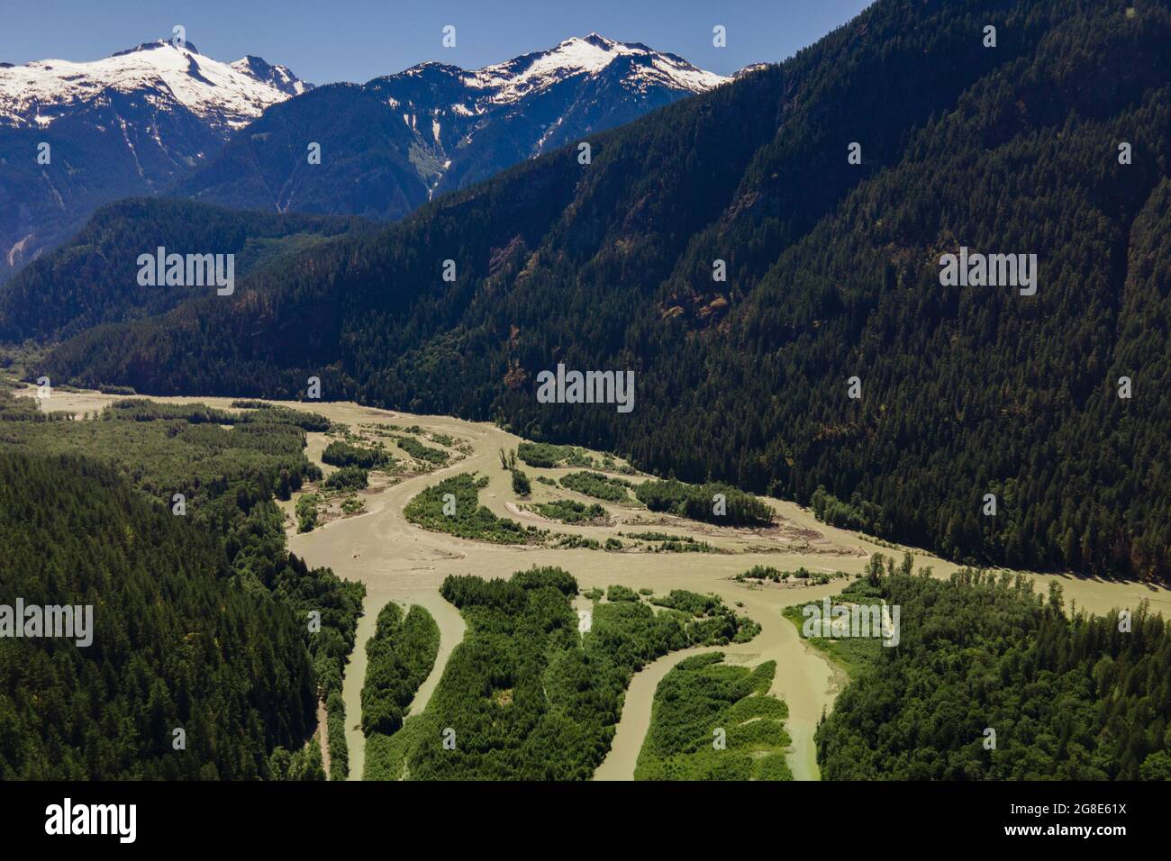 Southwest View of the Squamish river during spring in the peak of the freshet. Stock Photo