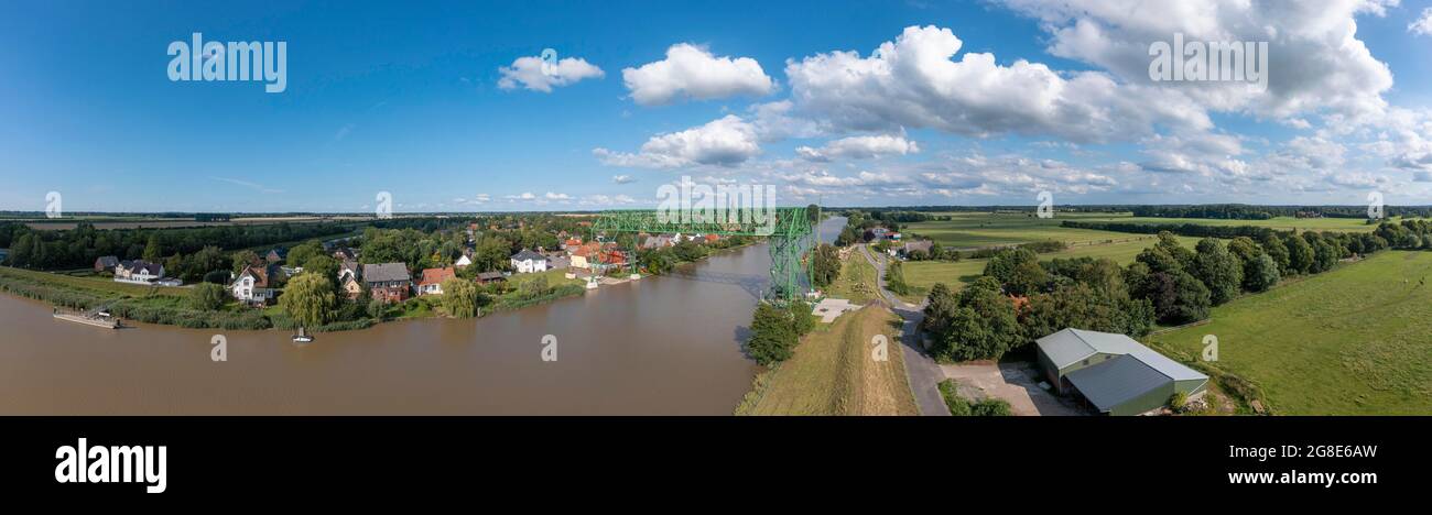 Aerial view with the floating ferry Osten-Hemmoor over the river Oste, Osten, Lower Saxony, Germany Stock Photo