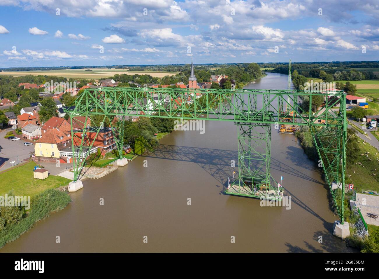 Aerial view with the floating ferry Osten-Hemmoor over the river Oste, Osten, Lower Saxony, Germany Stock Photo