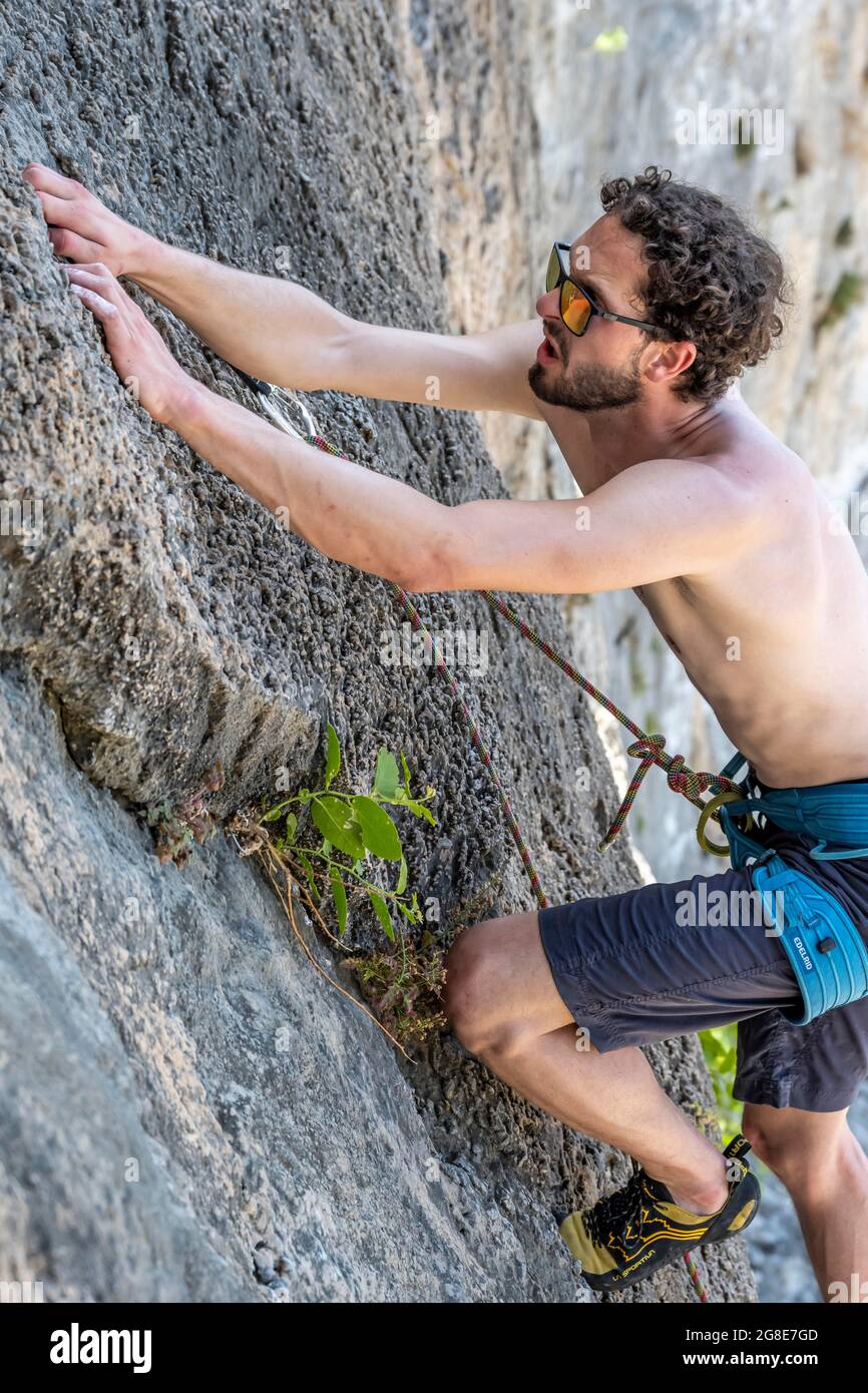 Armeos sector, rock face climbing, lead climbing, sport climbing, Kalymnos, Dodecanese, Greece Stock Photo