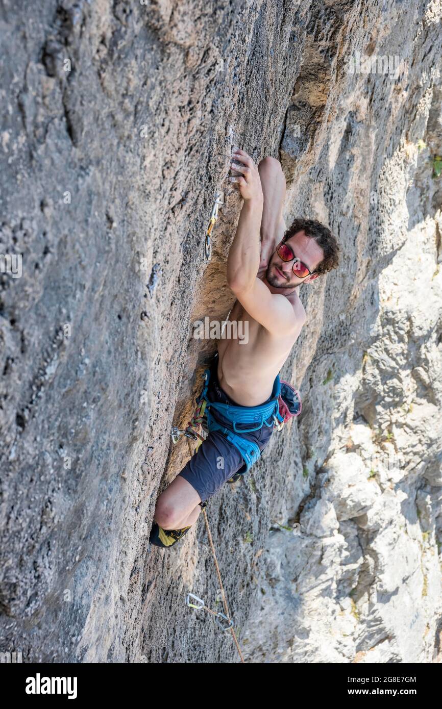 Armeos sector, rock face climbing, lead climbing, sport climbing, Kalymnos, Dodecanese, Greece Stock Photo