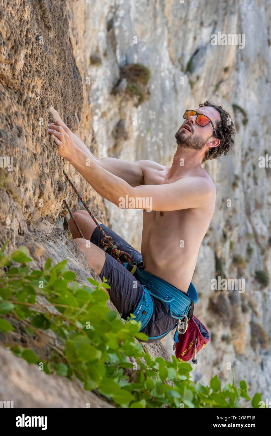 Armeos sector, rock face climbing, lead climbing, sport climbing, Kalymnos, Dodecanese, Greece Stock Photo