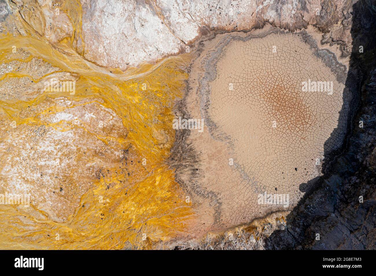 Aerial view, yellow-coloured sulphur stones, Polyvotis crater, volcano on Nisyros, Dodecanese, Greece Stock Photo
