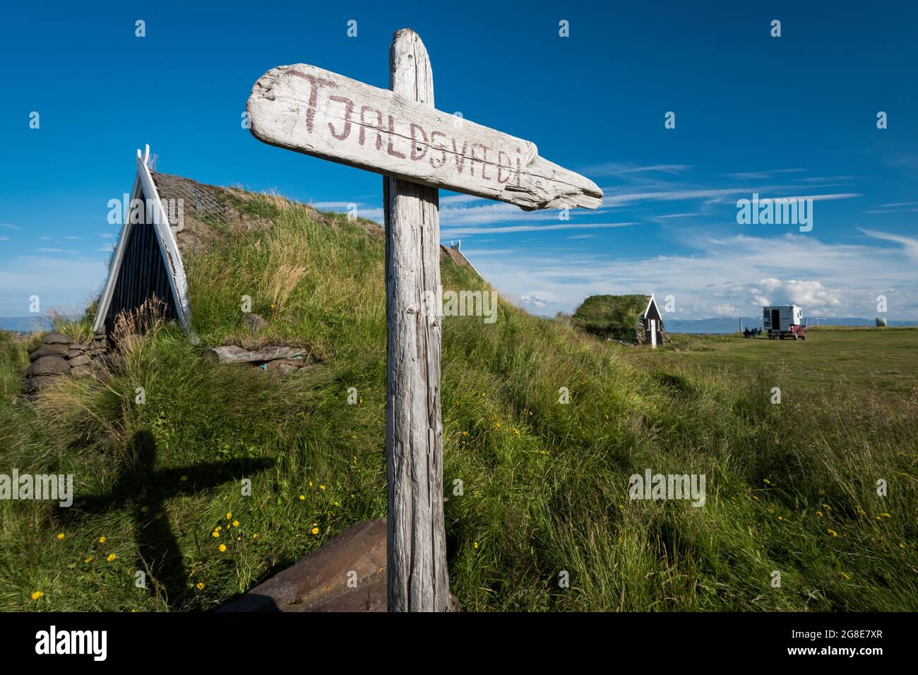 Driftwood camping sign, huts camping Grettislaug, Skagafjoerour, North Iceland, Iceland Stock Photo