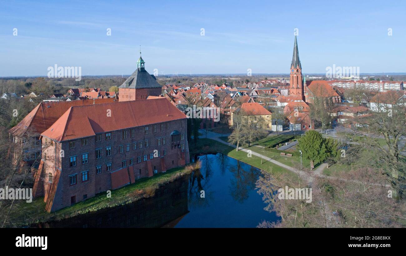 Aerial view of castle and church in Winsen/Luhe, Lower Saxony, Germany Stock Photo