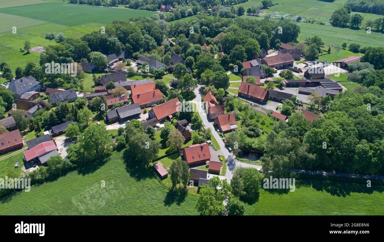 Aerial view, Rundlingsdorf Schreyahn, Wendland, Lower Saxony, Germany Stock Photo