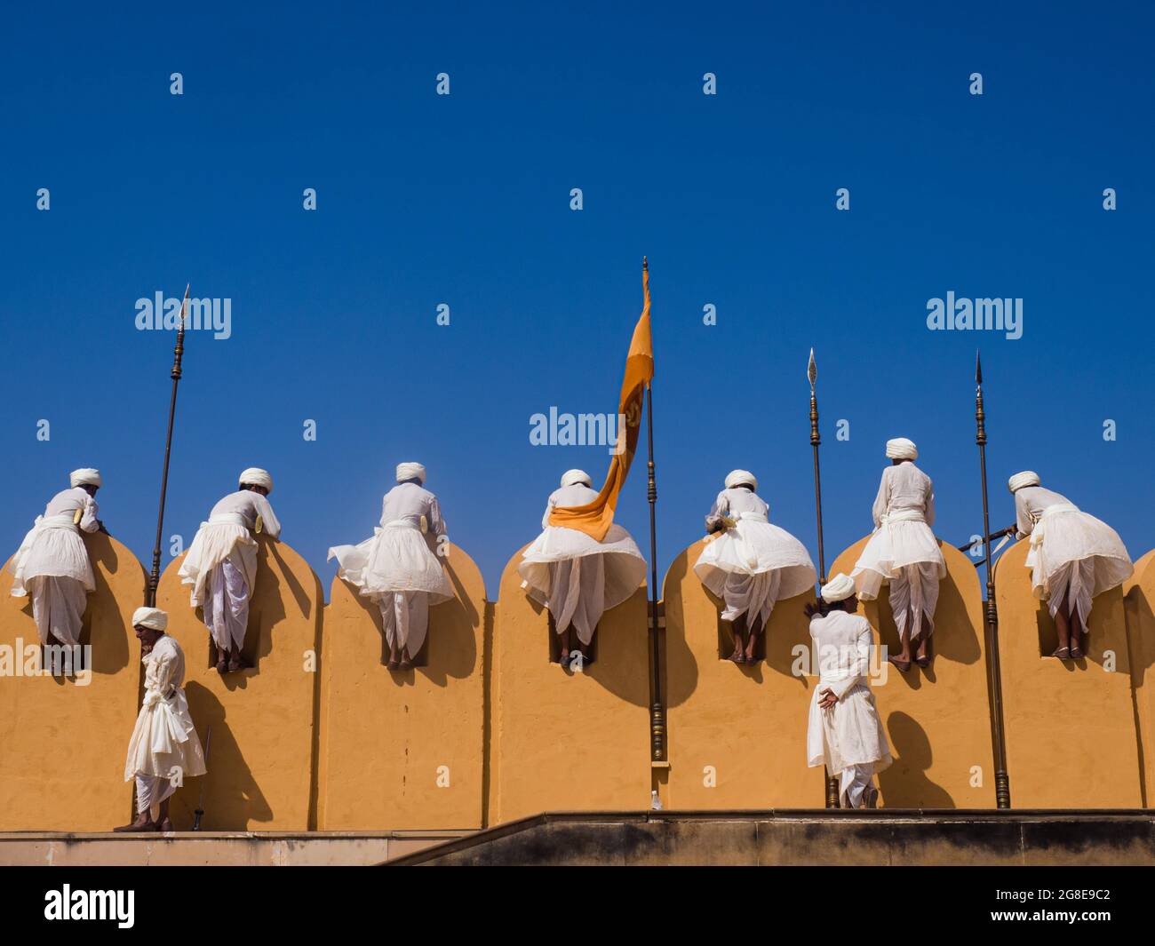 Soldiers in traditional dress, Amber Fort, Jaipur, Rajasthan Stock