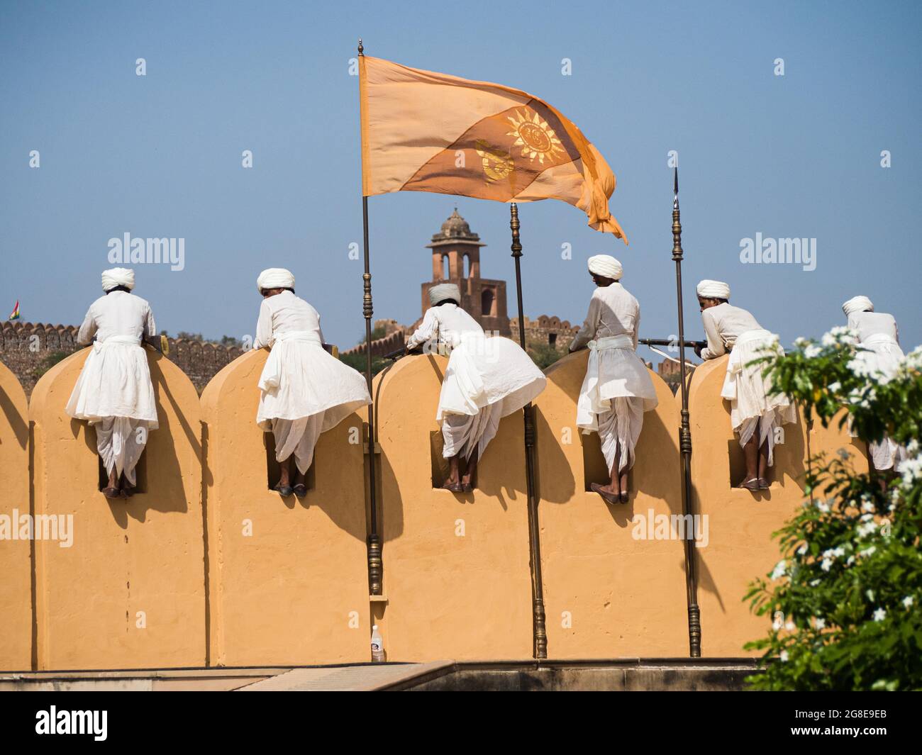 Soldiers in traditional dress, Amber Fort, Jaipur, Rajasthan Stock