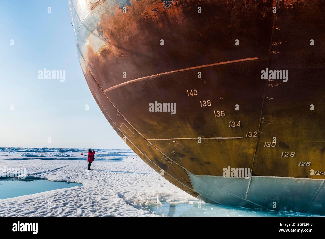 Bow and anchor of the Icebreaker '50 years of victory' on the North Pole, Arctic Stock Photo