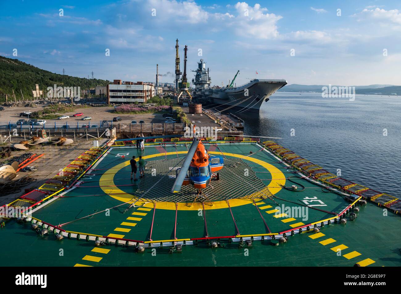 Helipad and a the only nuclear air carrier in Murmansk, Russia Stock Photo