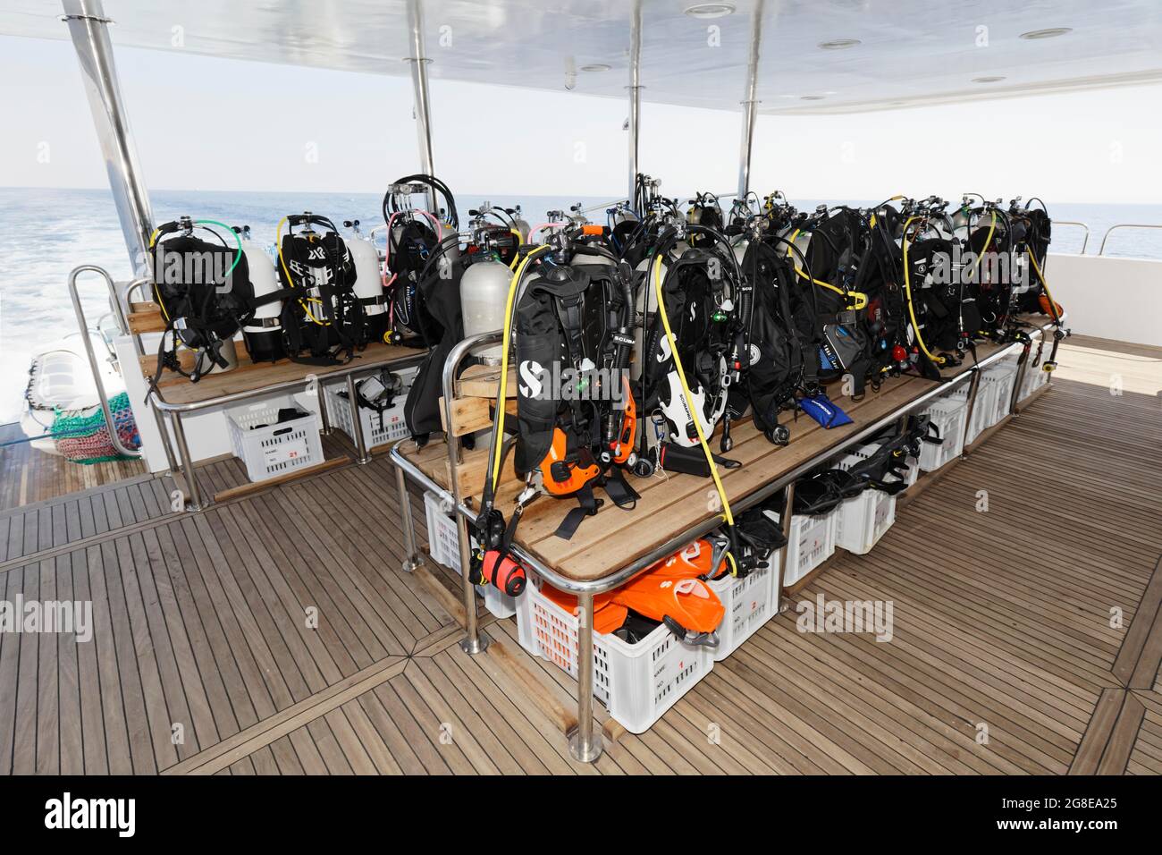Diving Platform on Main Deck with Diving Equipment, Diving Ship, Live Aboard, Red Sea Explorer, Red Sea, Egypt Stock Photo