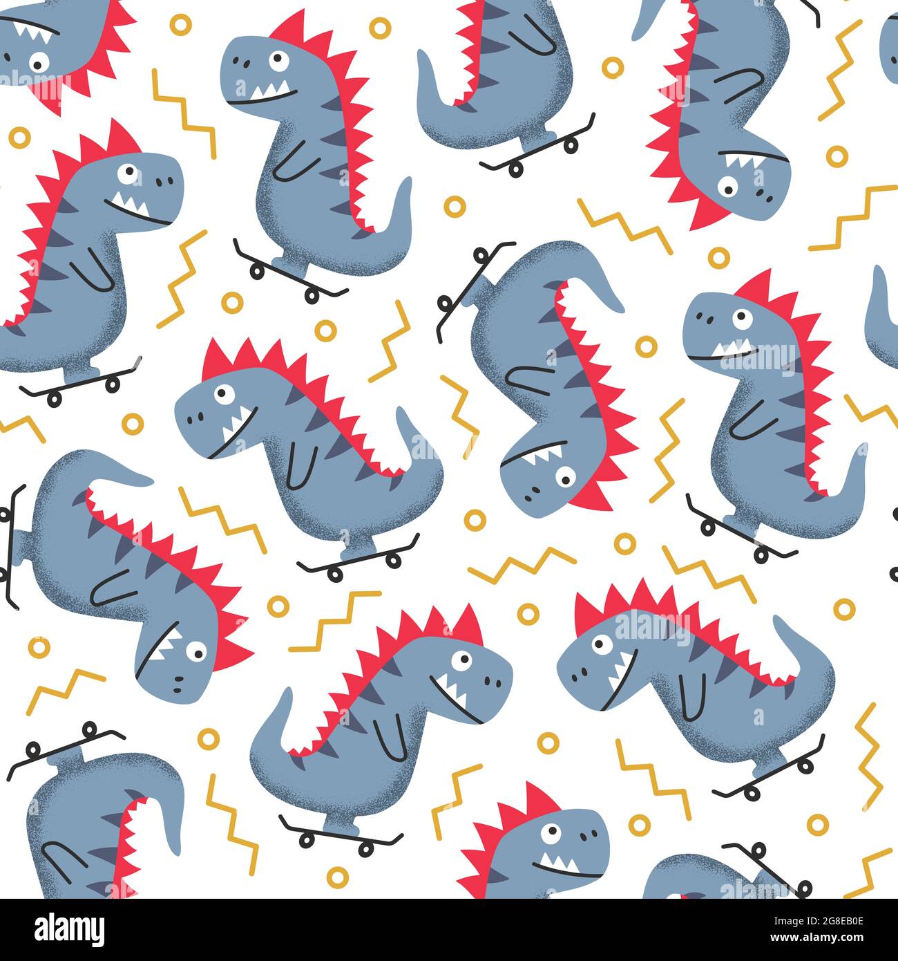 Seamless pattern with funny cheerful cartoon t-rex riding skateboard on white background Stock Vector