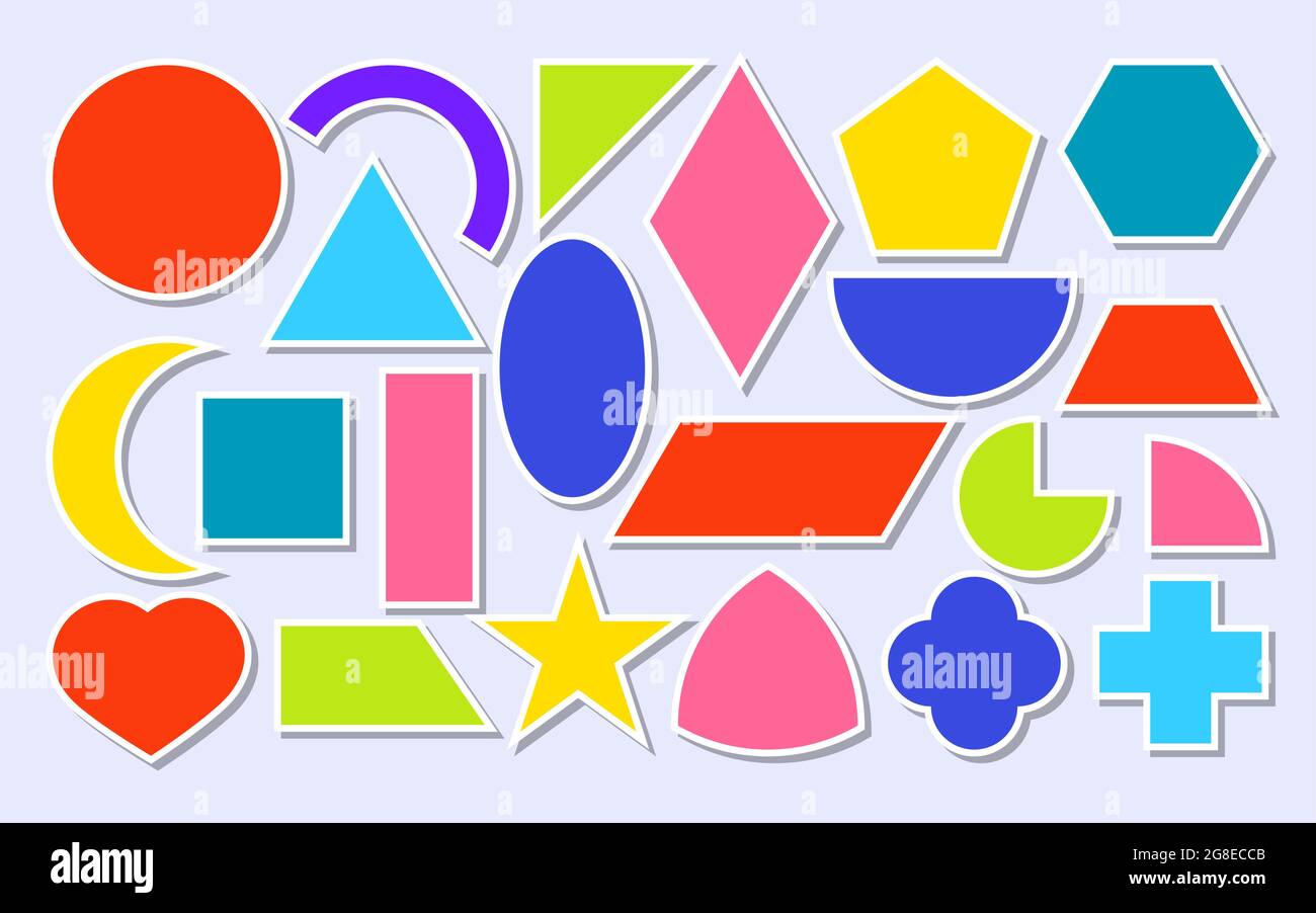 Colored paper sticker geometric shapes icons set. Basic math forms as square, circle, oval, triangle, star, rhombus and other. Kit for learning kid in school or for notes. Isolated vector illustration Stock Vector