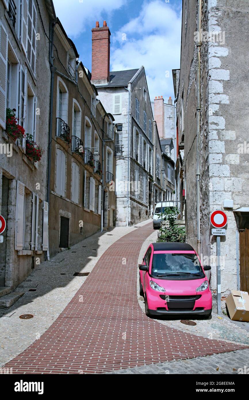 Blois, France: A narrow medieval street in the old town center, where