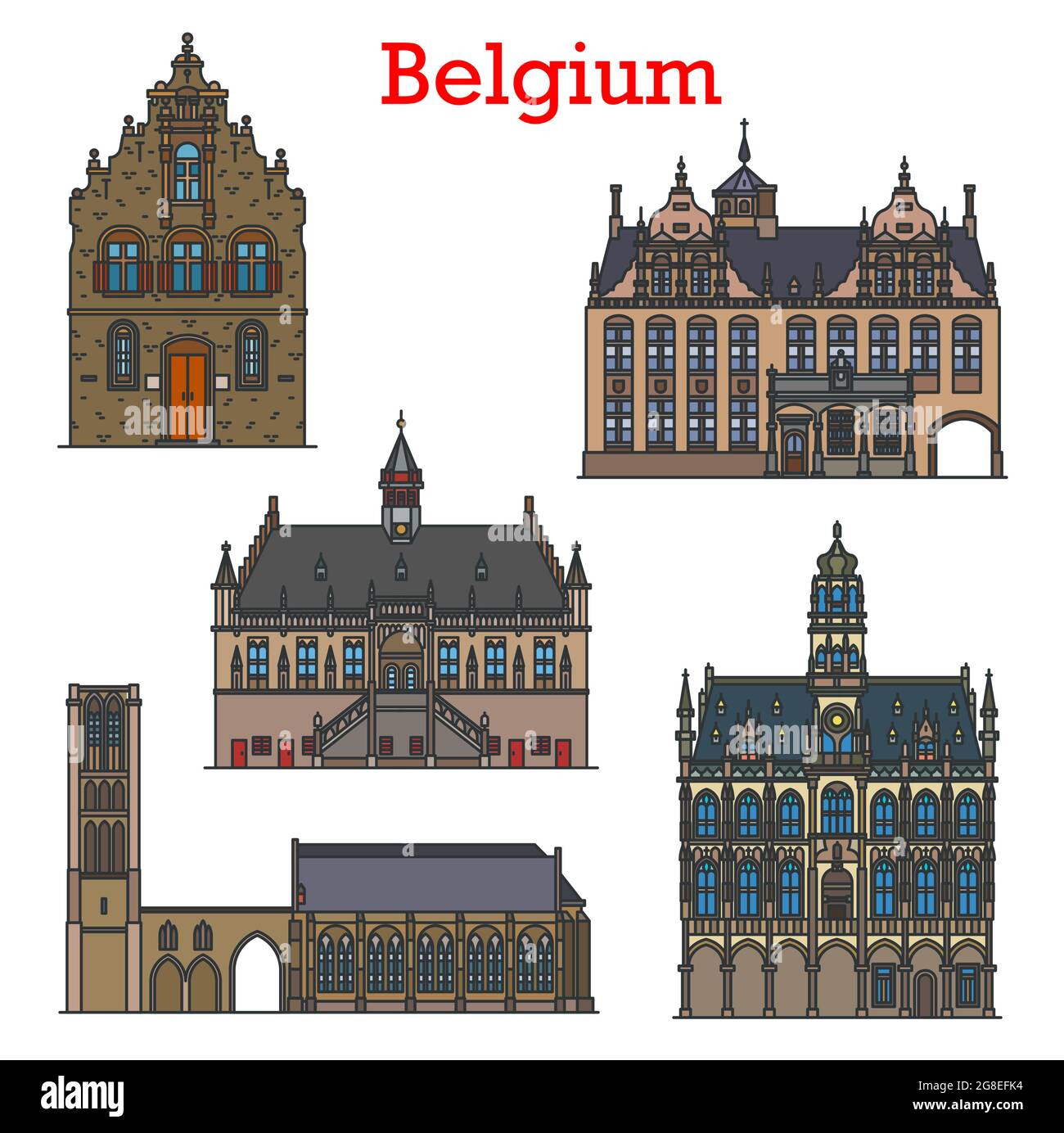 Belgium travel landmarks and architecture, vector Belgian city sightseeing buildings. Butcher Hall or Meat House Vleeshuis in Werne, Church of Our Lad Stock Vector