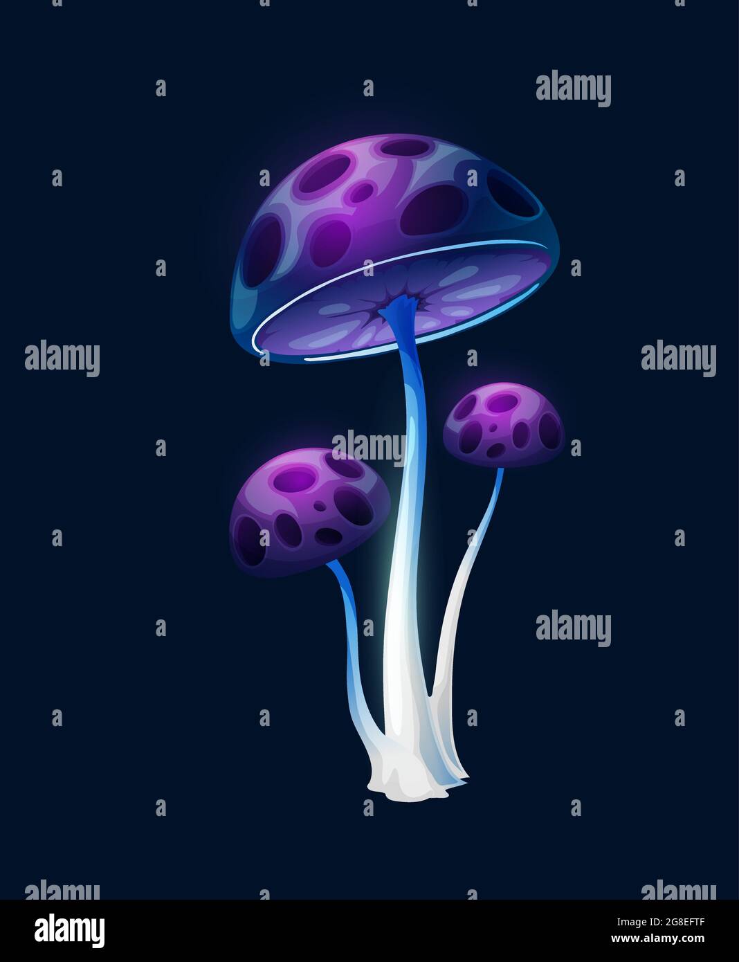 Fantasy magic long purple blue mushrooms. Vector alien forest game ui and gui element design. Fairy plant or fantastic fungus with glowing stems and c Stock Vector