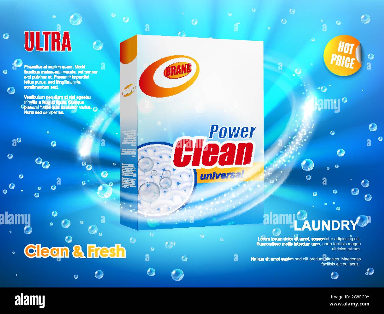 Washing powder packaging, vector ad poster design, realistic box with  detergent for laundry ultra cleaning on blue background with water drops  and spa Stock Vector Image & Art - Alamy