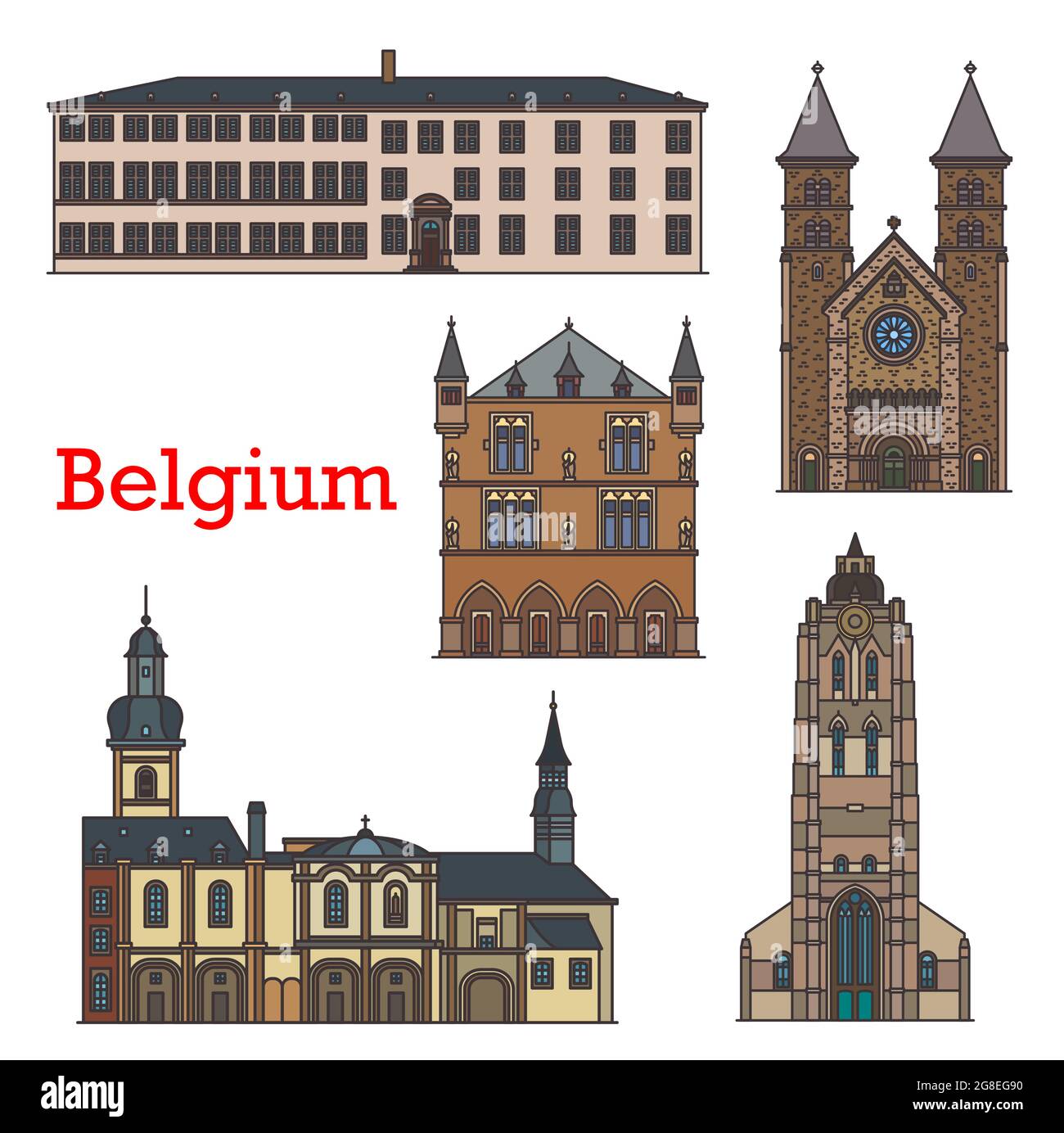 Luxembourg landmarks, architecture buildings, vector travel sightseeing. Basilica of Saint Willibrord at Echternach, Grand Duchy and city hall Stadhau Stock Vector