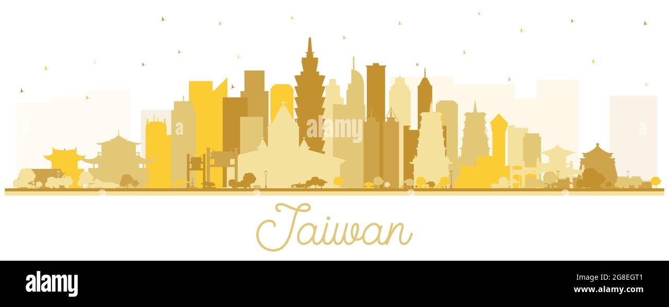 Taiwan City Skyline Silhouette with Golden Buildings Isolated on White. Vector Illustration. Concept with Historic Architecture. Taiwan Cityscape. Stock Vector
