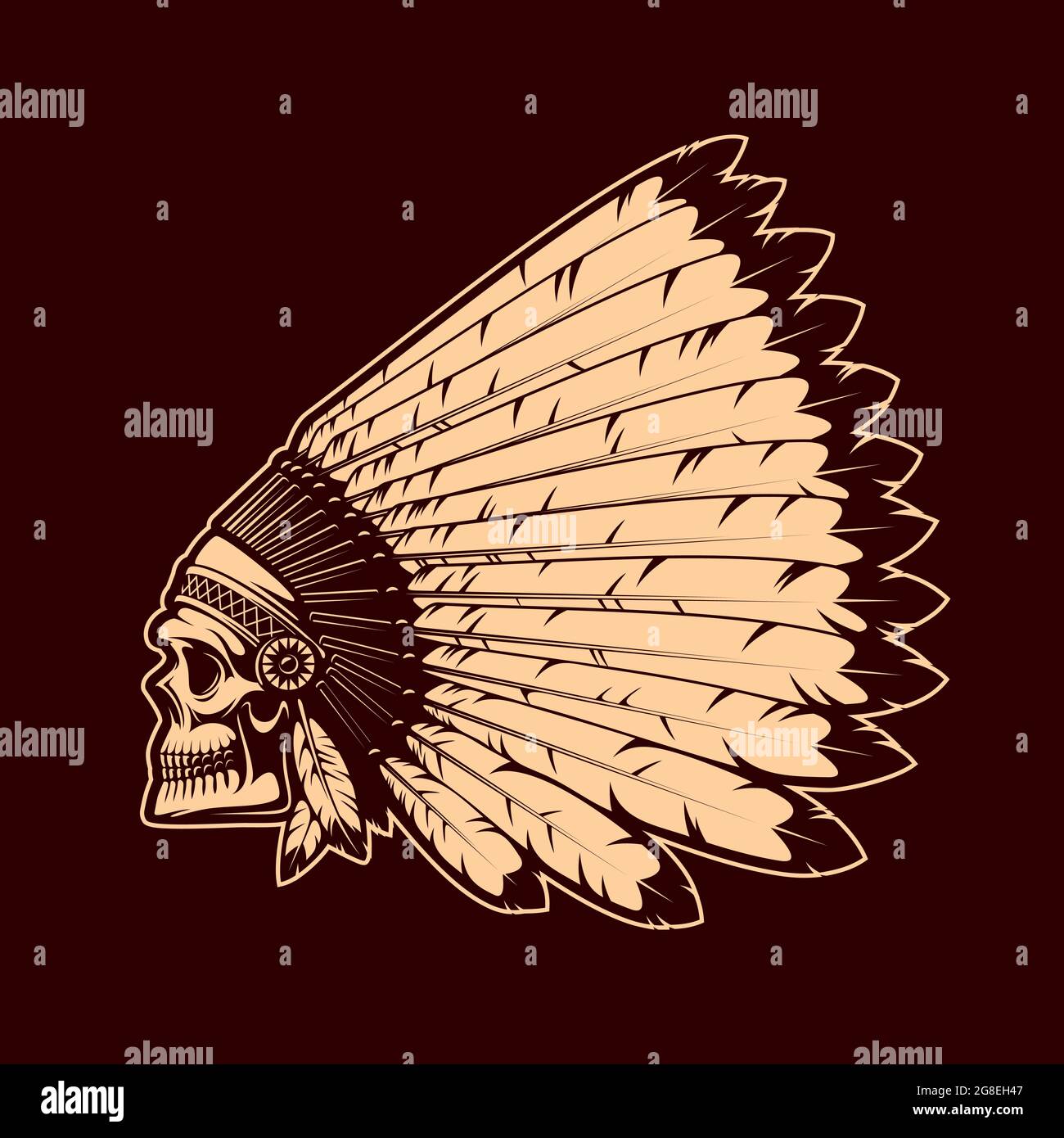 Indian chief skull in war bonnet. Native americans culture and wild west colonization history vector symbol with human skull and feather ritual headdr Stock Vector