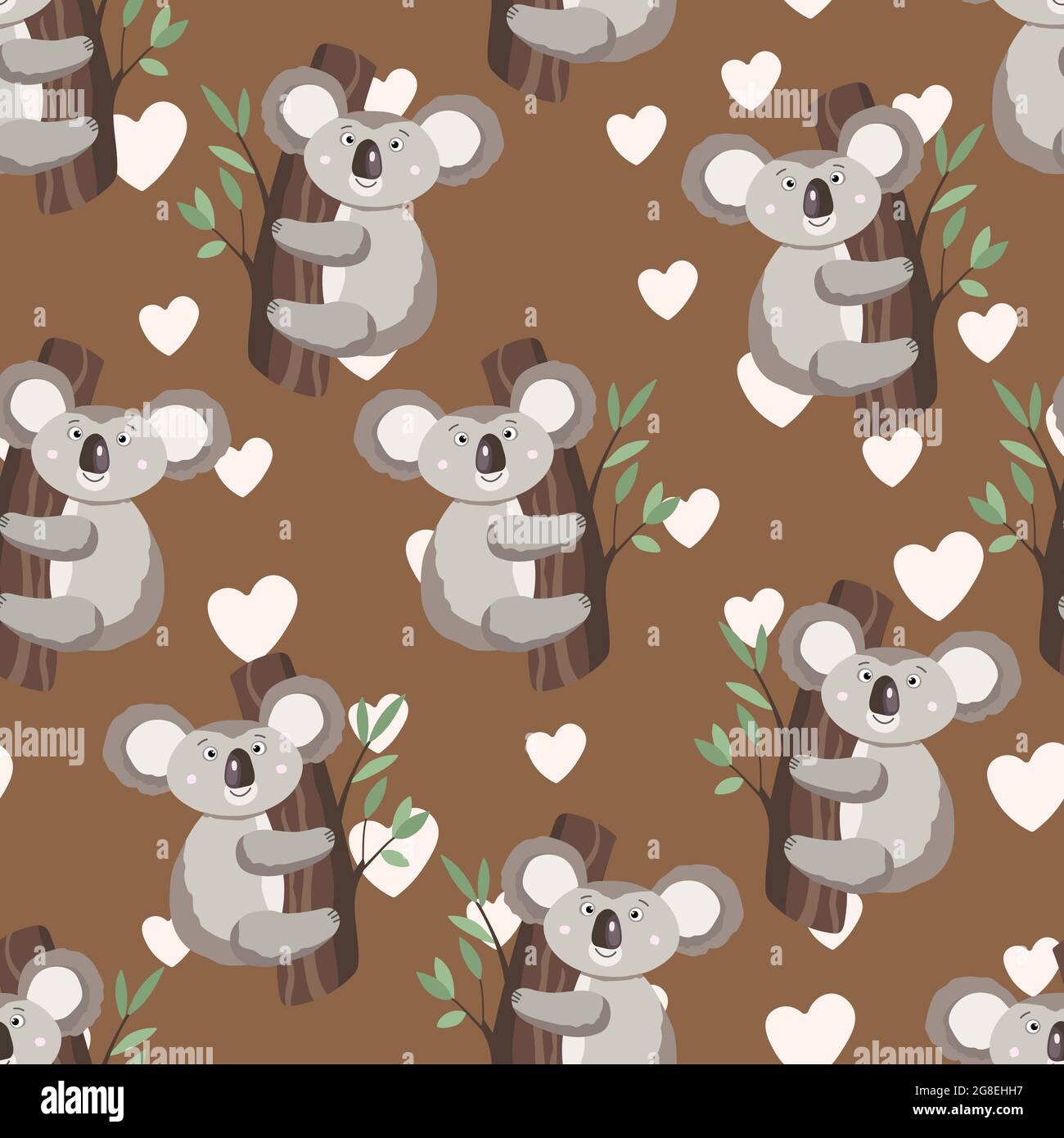 Seamless pattern with cute koala baby and hearts on brown background ...
