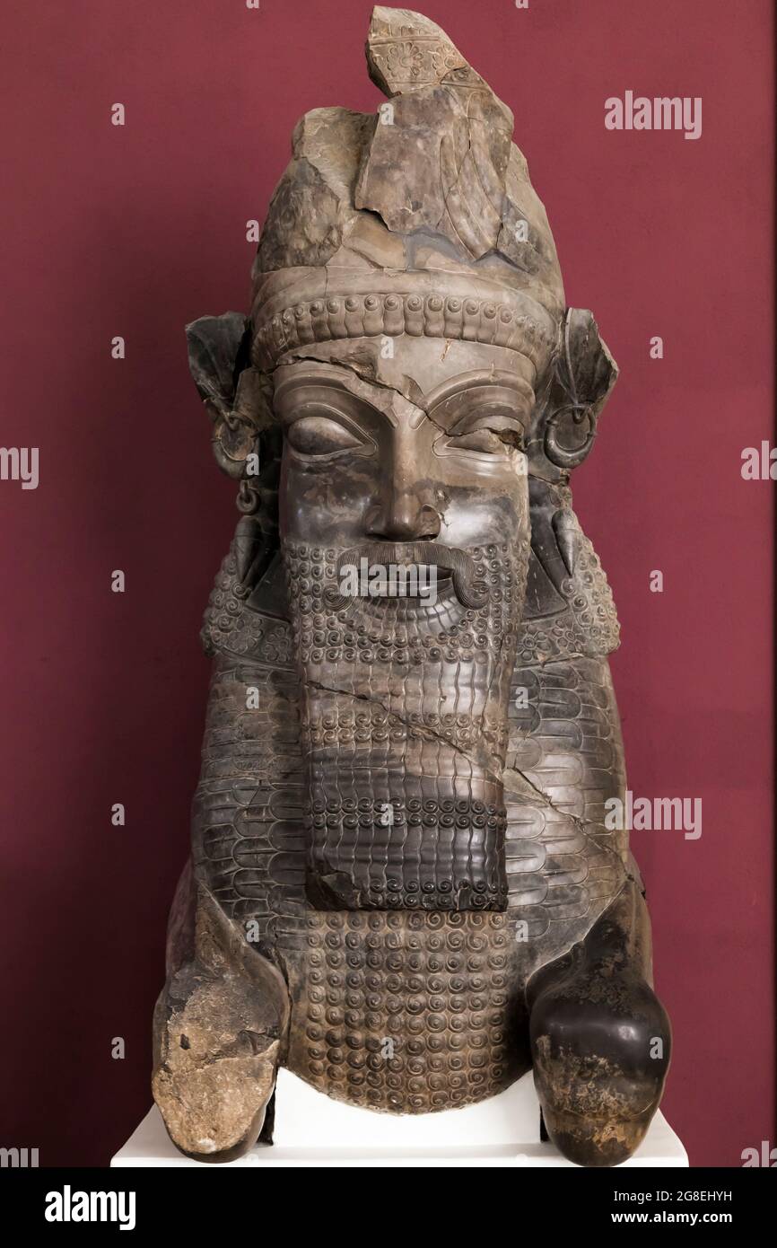 Human headed capital(Lamassu), from Persepolis(Tripylon), National Museum of Iran, Tehran, Iran, Persia, Western Asia, Asia Stock Photo