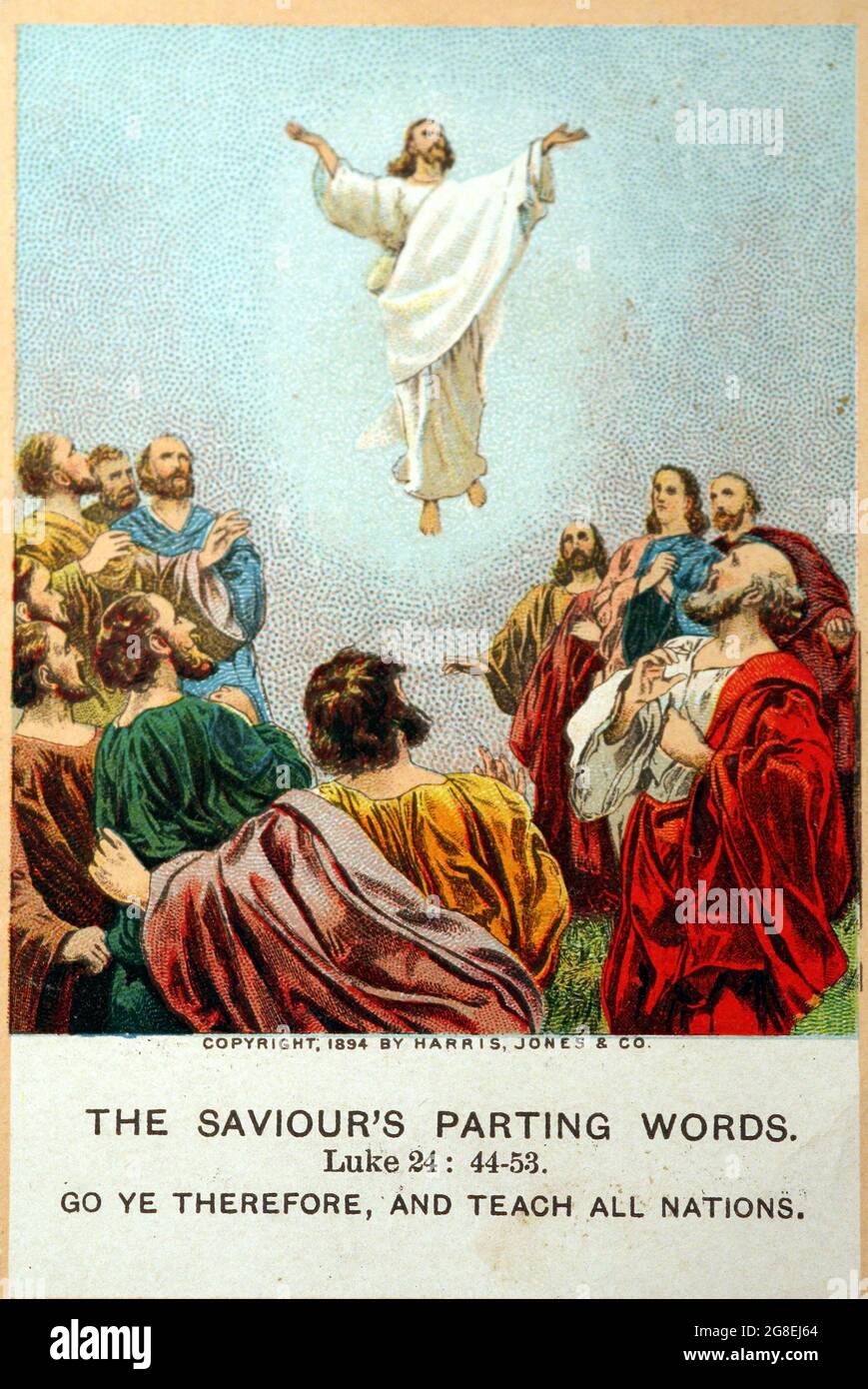 Ascension Jesus parting words as he ascended into Heaven: Luke 24:44-53. Old bible card. Stock Photo