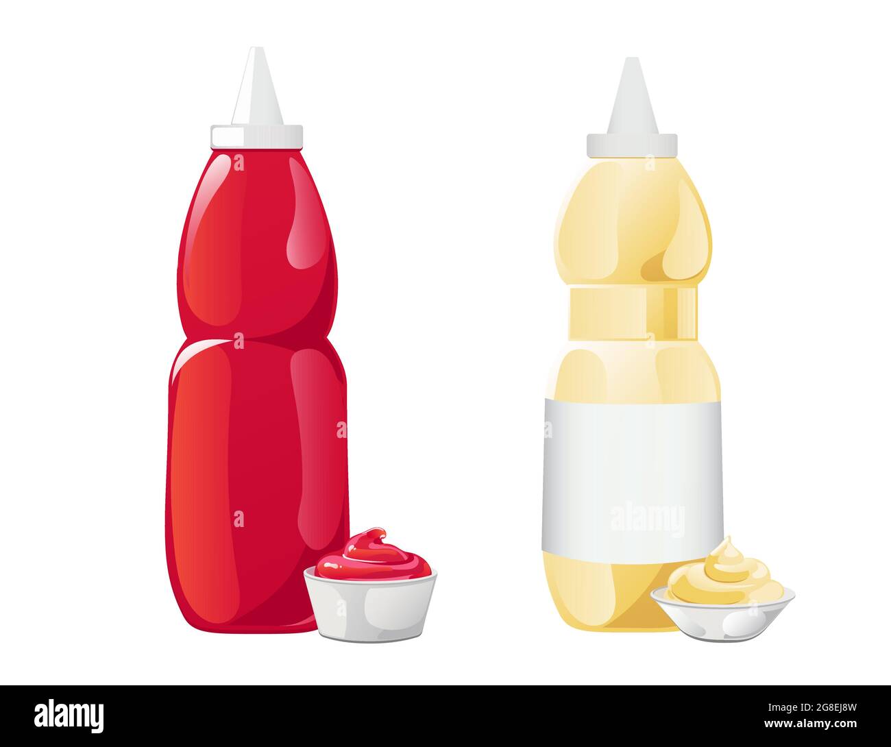 Ketchup and mayonnaise in the bottles with label set. Vector illustration in flat cartoon style