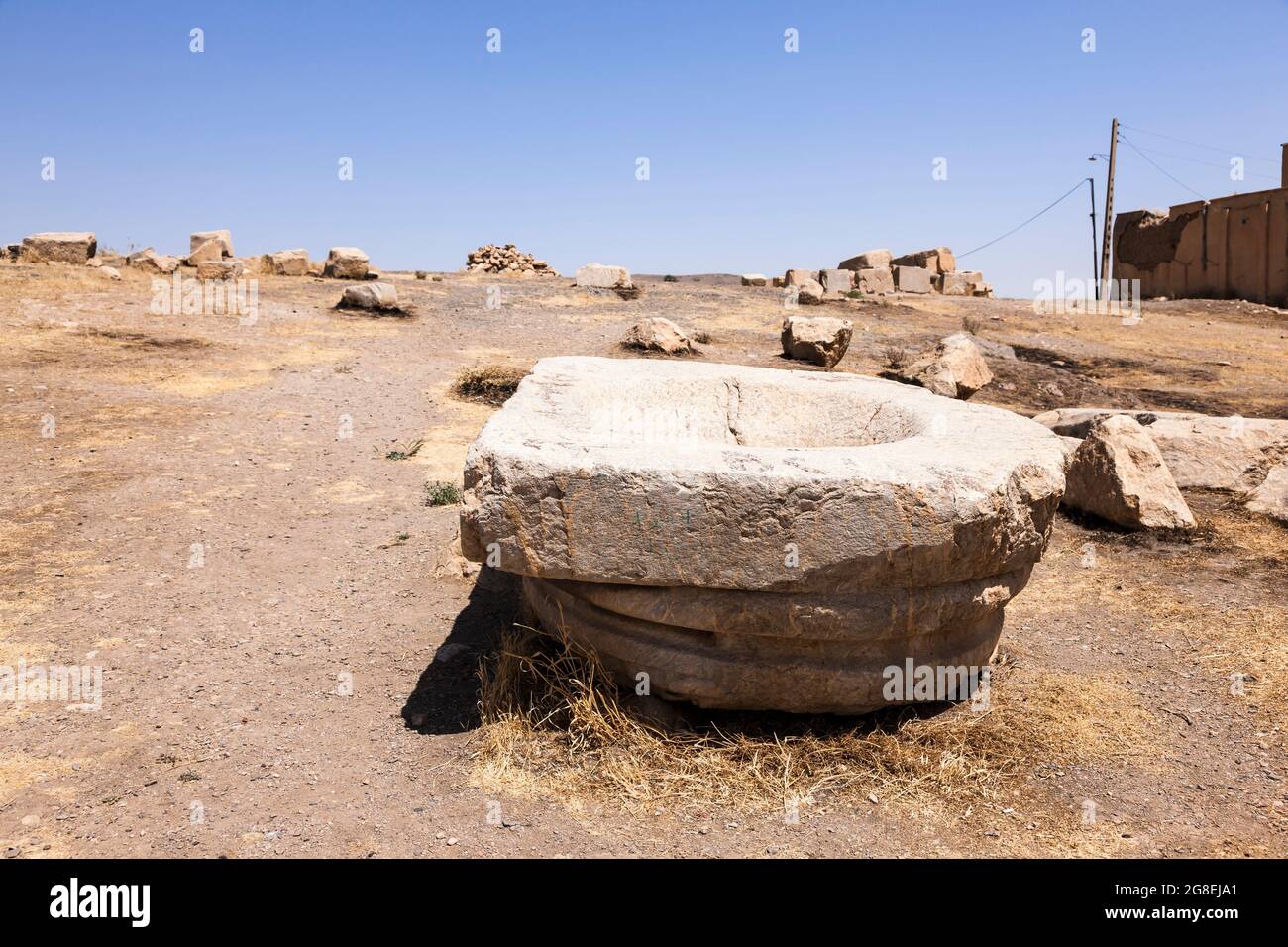 Ruins of Anahita temple, remain of stone capital, Kangavar, Kermanshah Province, Iran, Persia, Western Asia, Asia Stock Photo