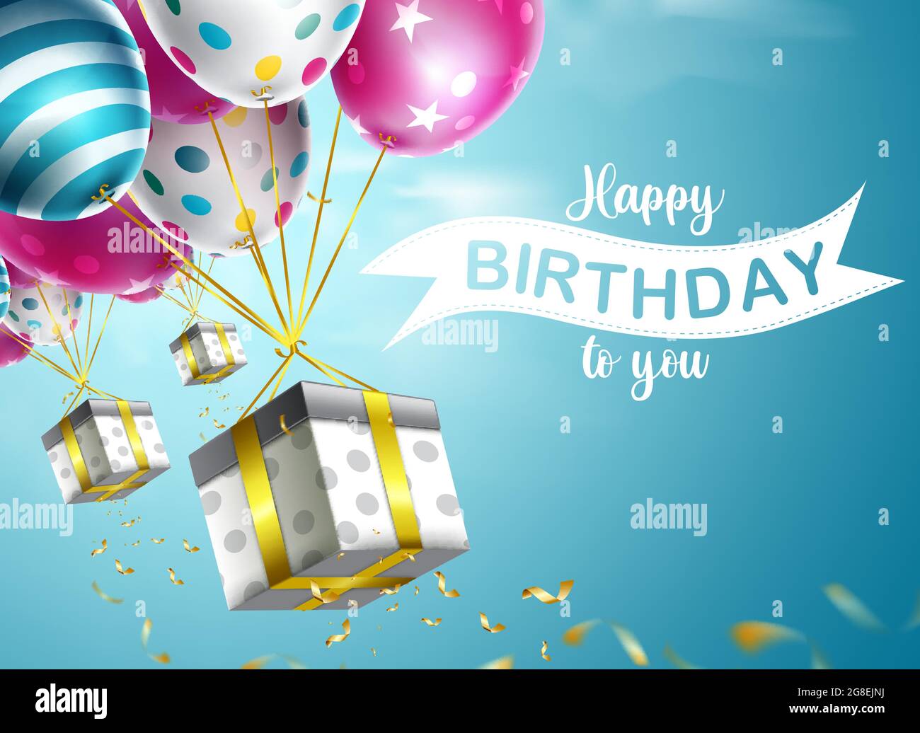 Birthday gifts and balloons vector design. Happy birthday to you text with  balloon and gift elements floating in blue sky background for birth day  Stock Vector Image & Art - Alamy