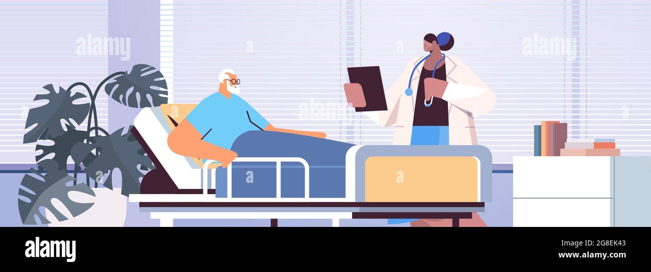 nurse taking care of sick senior man patient lying in hospital bed care service concept horizontal Stock Vector