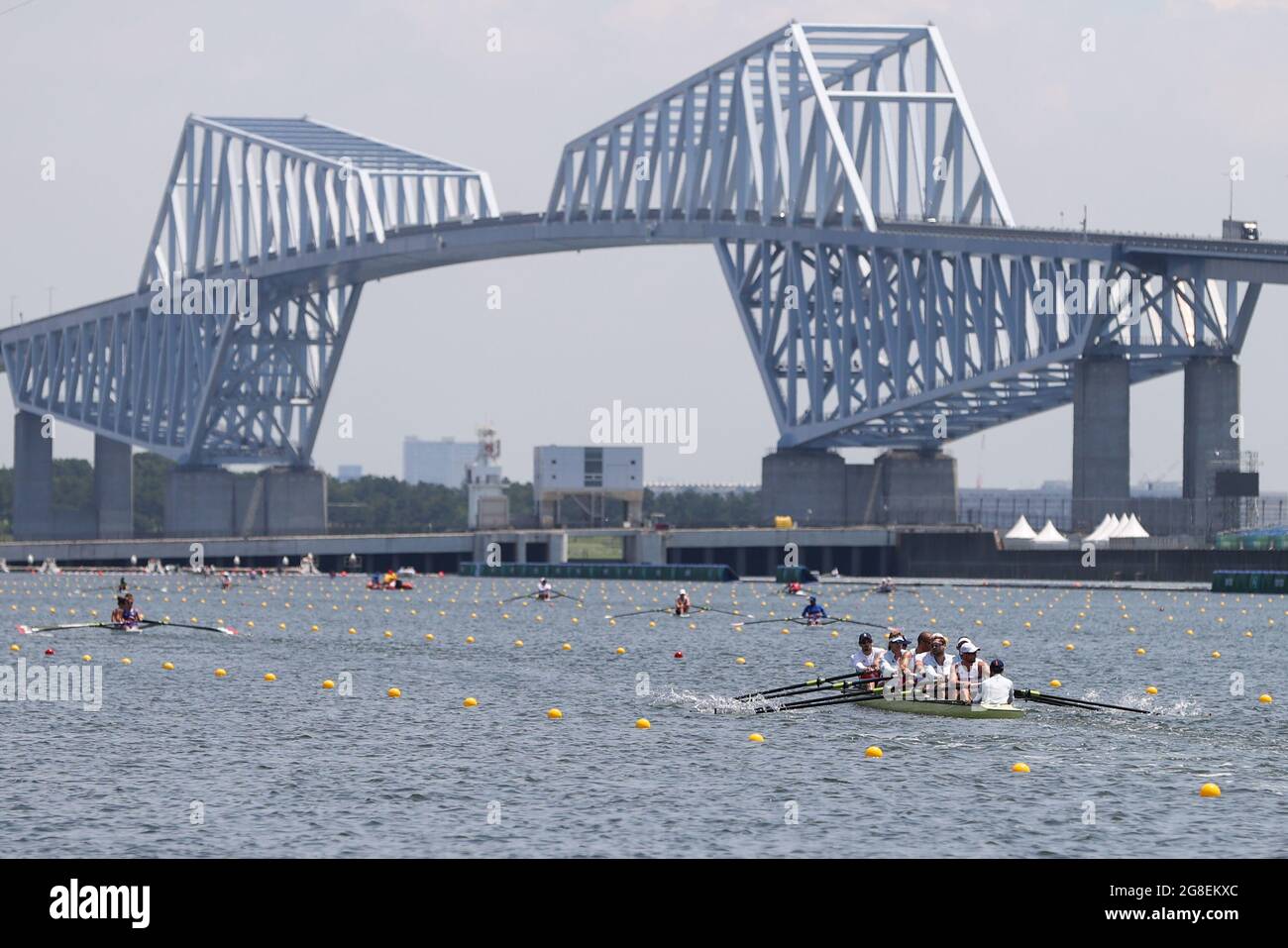 Tokyo, Japan. 20th July, 2021. Members of the British rowing team (R, bottom) attend a training session ahead of the Tokyo 2020 Olympic Games at the Sea Forest Waterway in Tokyo, Japan, July 20, 2021. Credit: Zheng Huansong/Xinhua/Alamy Live News Stock Photo