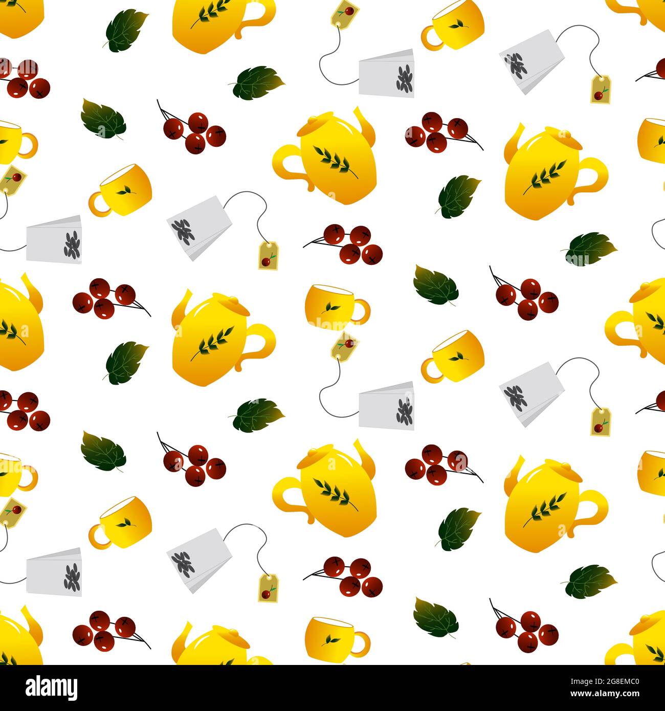 Pattern with a yellow teapot and a cup. Tea ceremony. Stock Vector