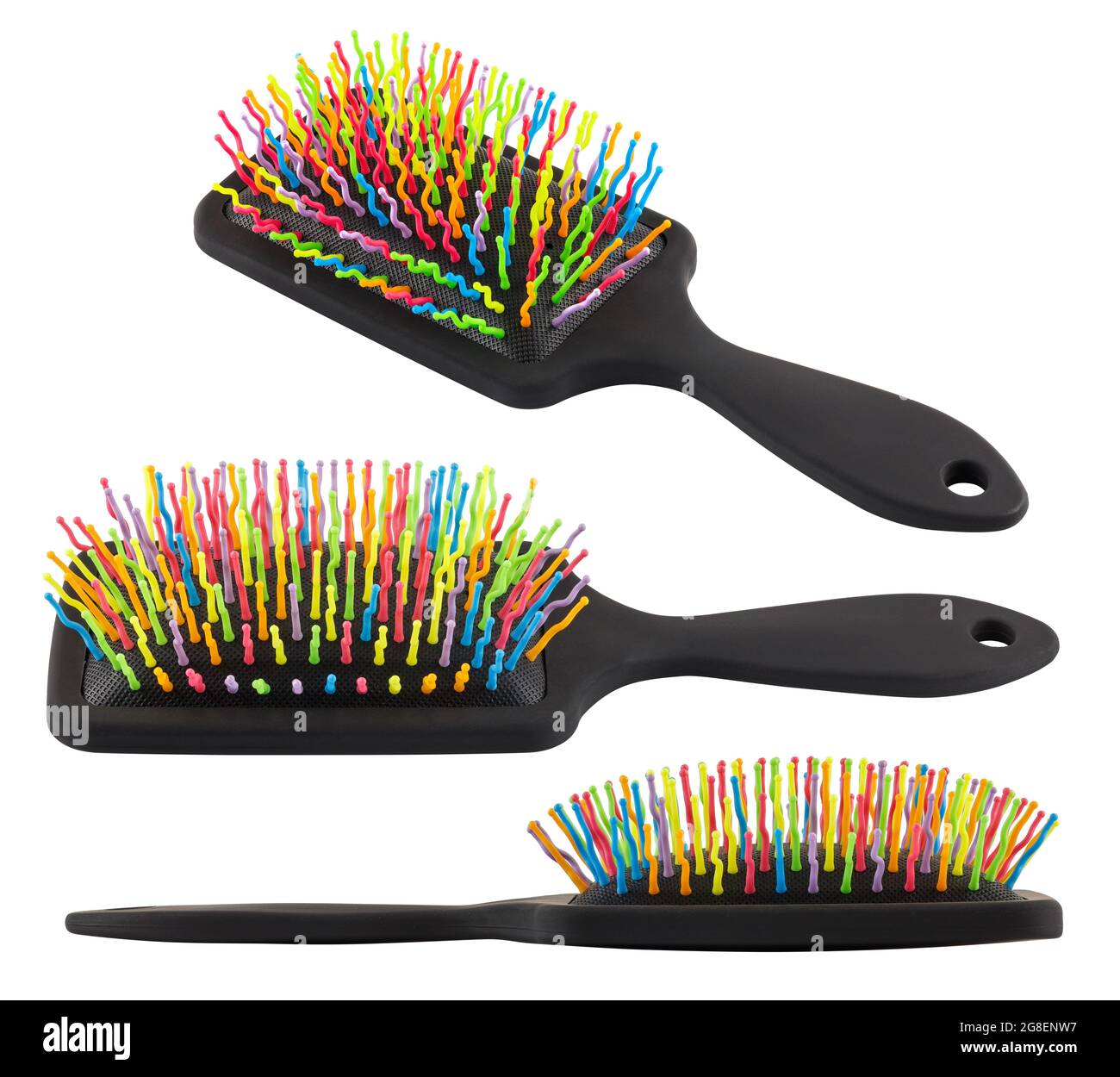 set of different views on new rainbow colorful pastic hair brush isolated  on white background Stock Photo - Alamy