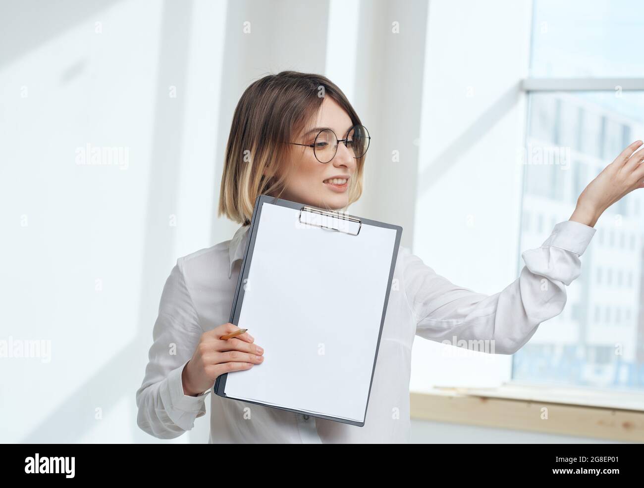 cheerful business woman office documents professional work Stock Photo ...