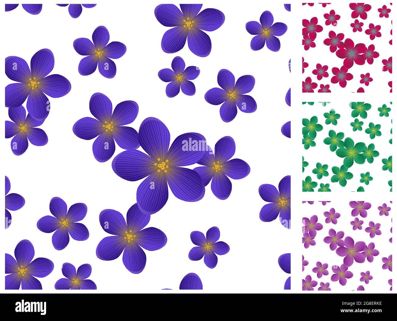 Flower floral pattern design pack including blue, violet, red maroon, green flowers. Set of 4 for print, textile, fabric Stock Vector
