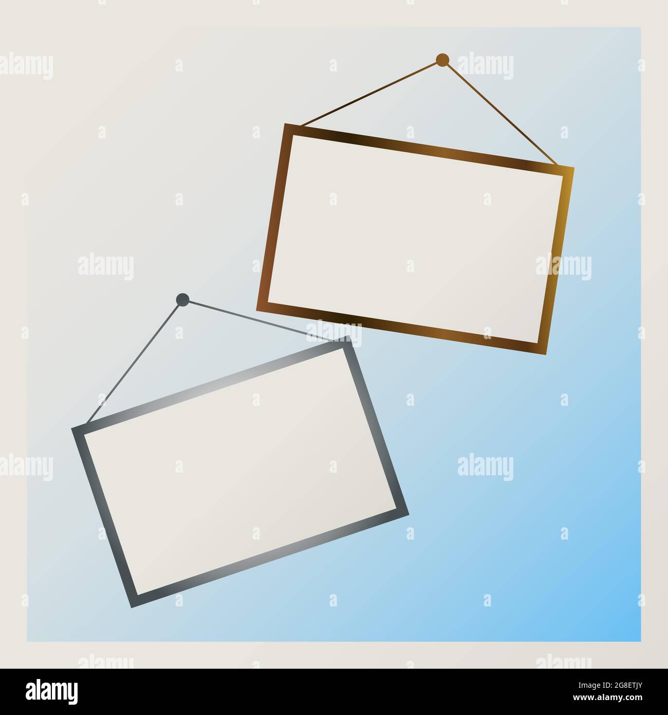 Photo frames hanging on blue gradient background. Set of 2 empty frames Stock Vector