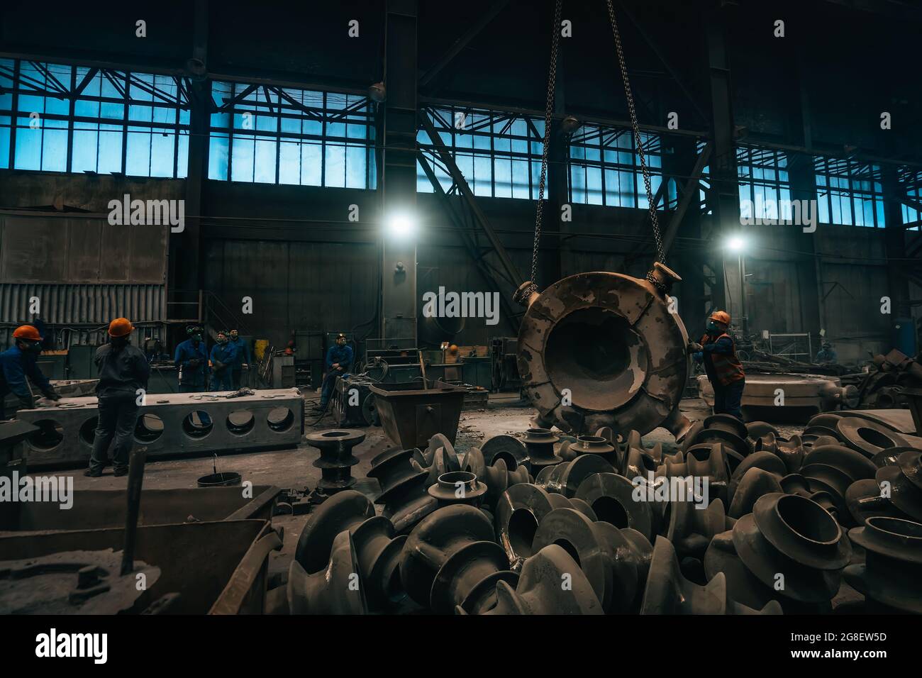 Metallurgical production, steelmaking and processing iron products. Manufacturing premises and workshop in foundry heavy metallurgy industry. Stock Photo