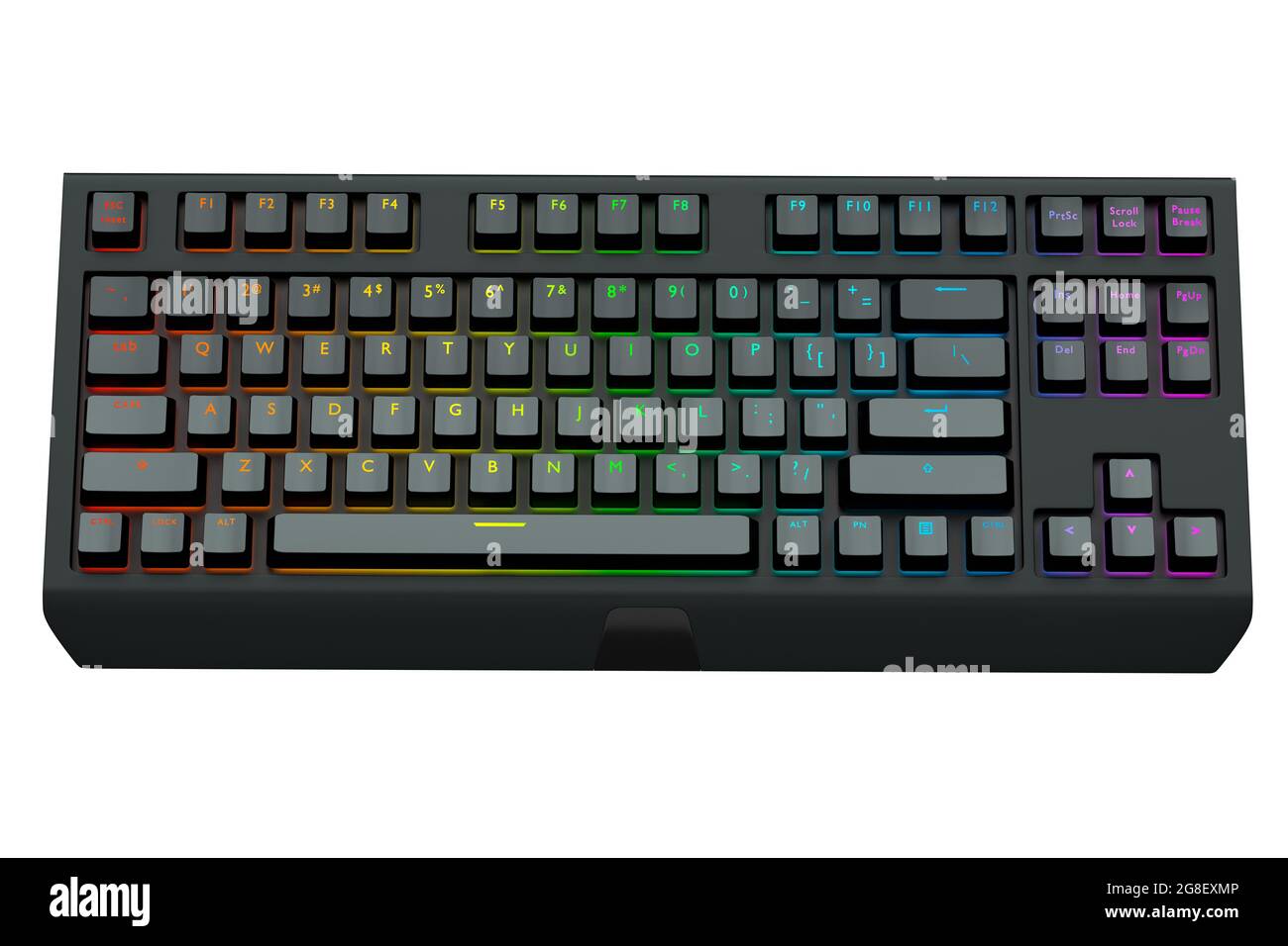 Black computer keyboard with rgb colors isolated on white background. 3D rendering of streaming gear and gamer workspace concept Stock Photo