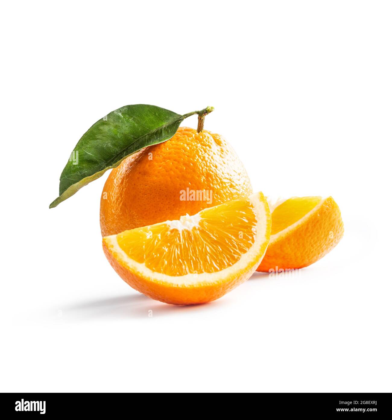 Fresh oranges isolated on white background - Close up. Stock Photo