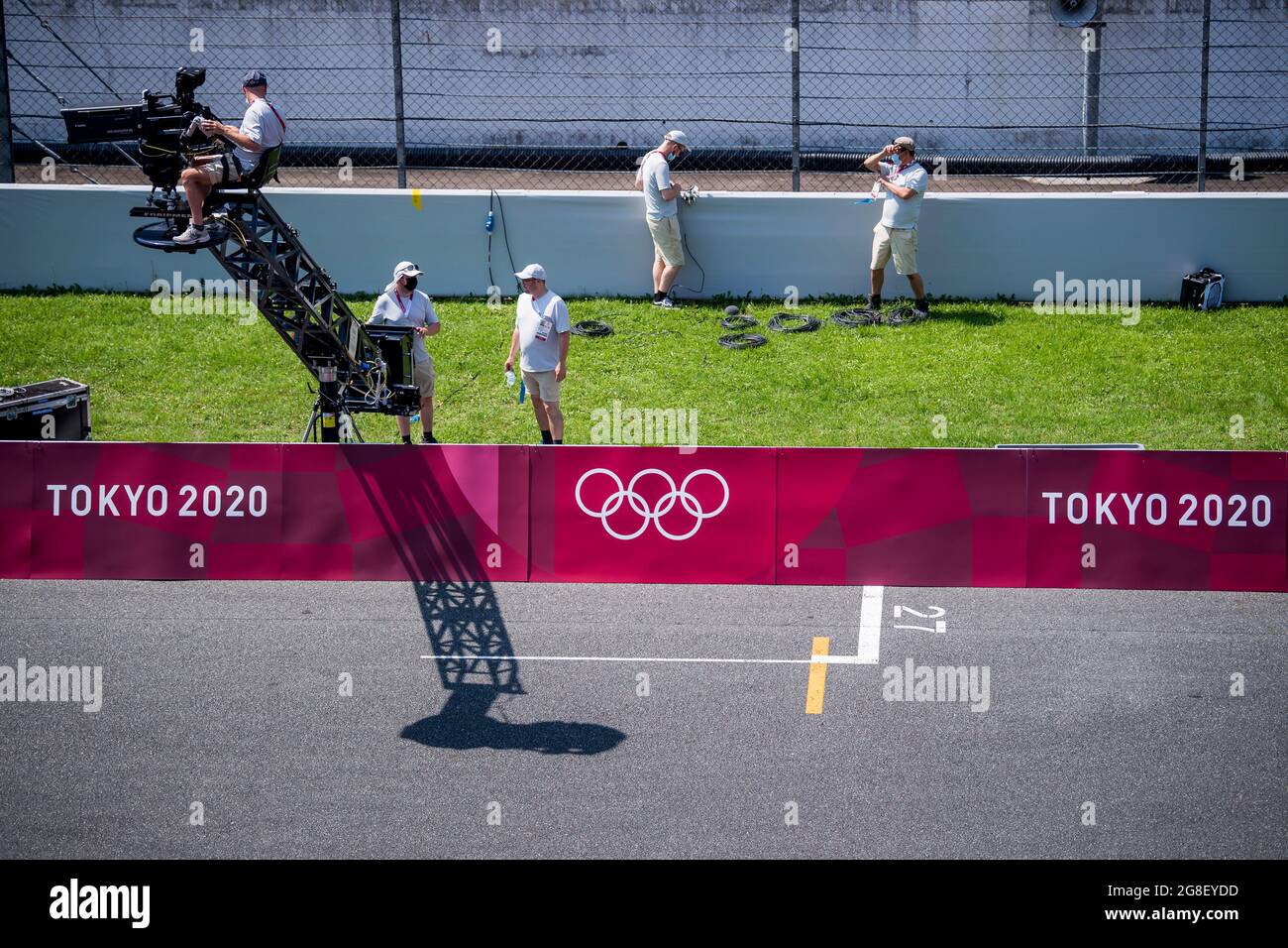 Illustration picture shows TV broadcasters during preparations at the Speedway cycling venue, ahead of the 'Tokyo 2020 Olympic Games' in Tokyo, Japan Stock Photo