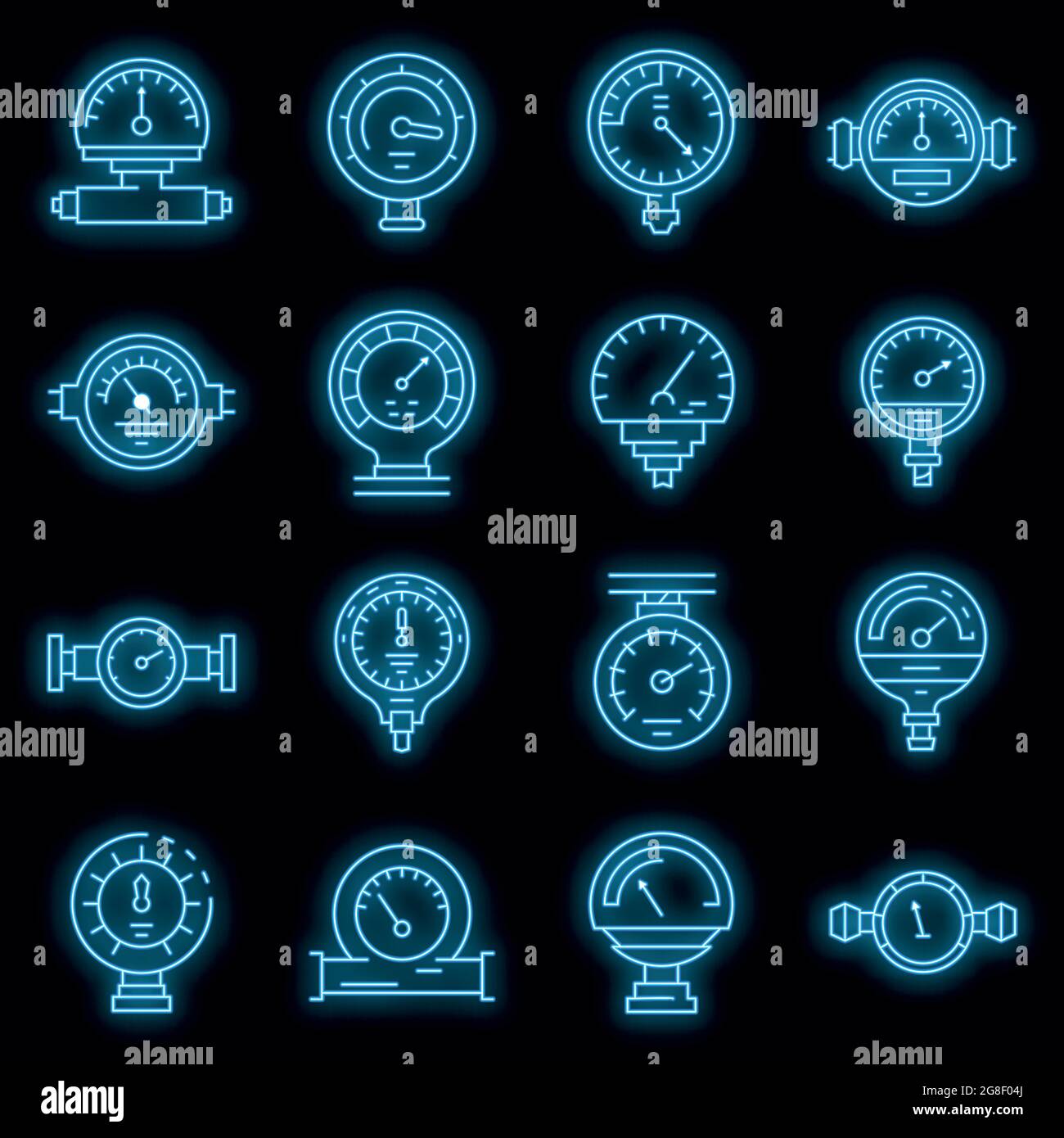 Manometer icons set. Outline set of manometer vector icons neon color