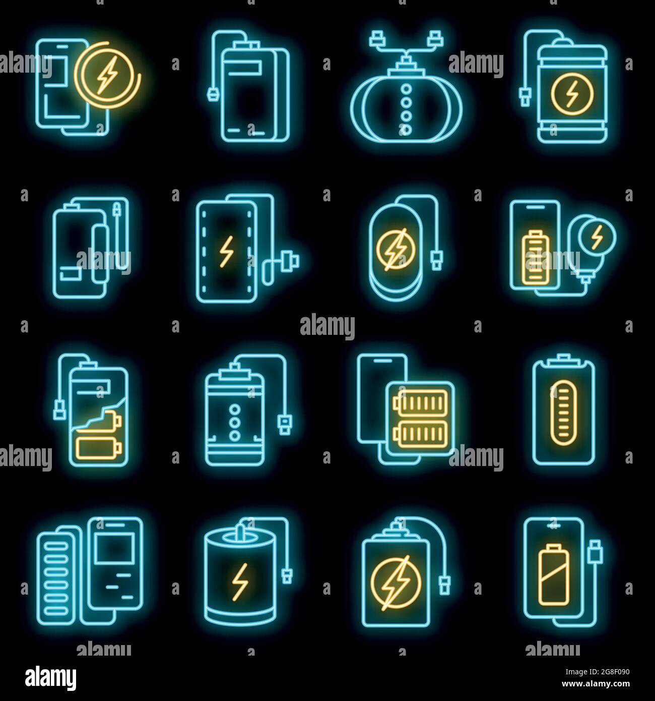 Power bank icons set. Outline set of power bank vector icons neon color on black Stock Vector