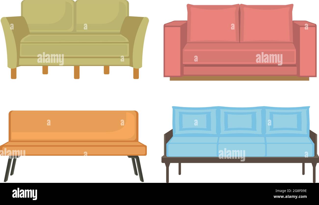 A set of four sofa/ couch with various style and colours. Isolated vector illustration. Stock Vector