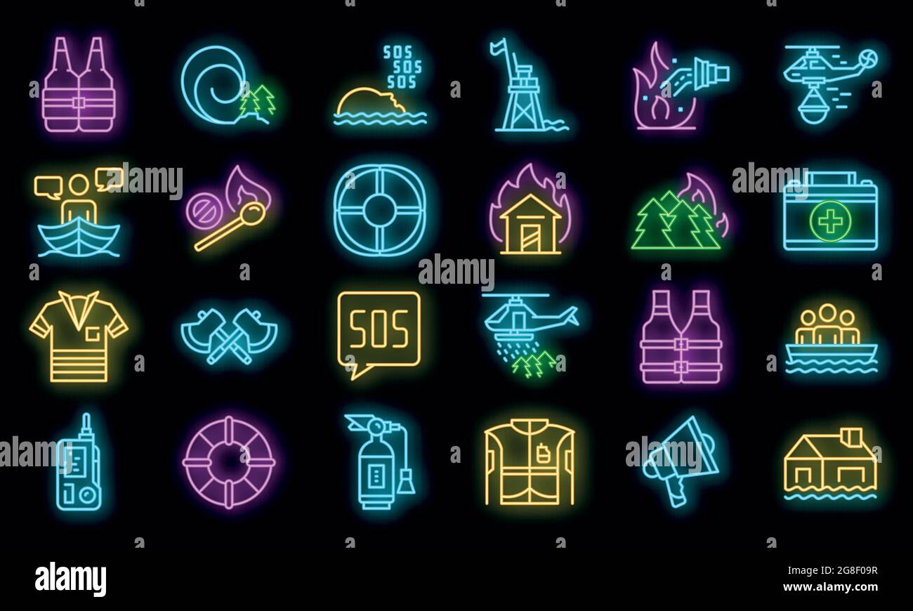 Rescuer icons set. Outline set of rescuer vector icons neon color on ...