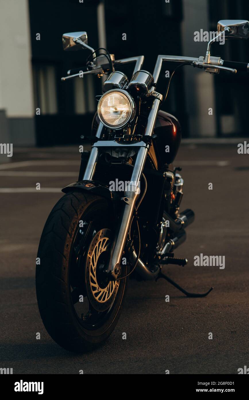 parking, front view. Stylish custom chopper motobike with chrome details. Soft selective focus Stock Photo - Alamy parking, front view. Stylish custom chopper motobike with chrome details. Soft selective focus Stock Photo - Alamy